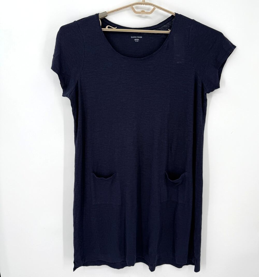 Eileen Fisher Short Shift Dress Midnight Blue Pockets Hemp Cotton Size XL NWT